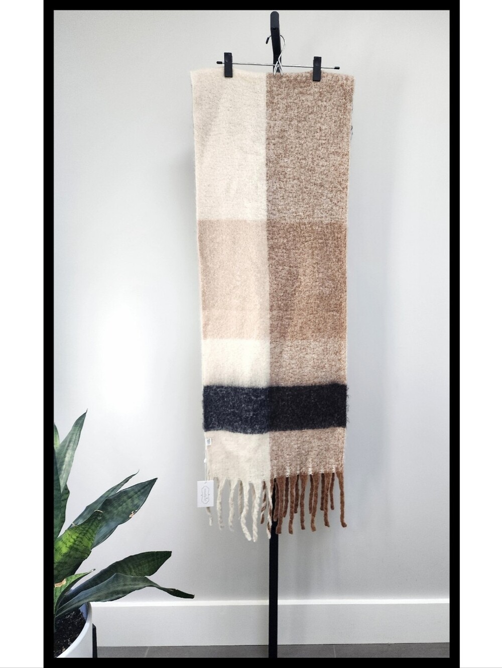 NWT Mud Pie Oversized Felted Knit Fringe Scarf Box Check Brown Black Cream NEW
